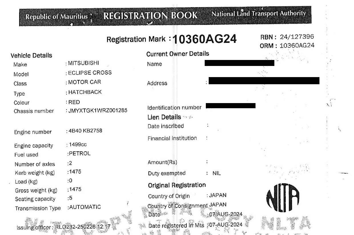 10360 AG 24 – Mitsubishi Eclips Cross – Registration Fee: Rs 200