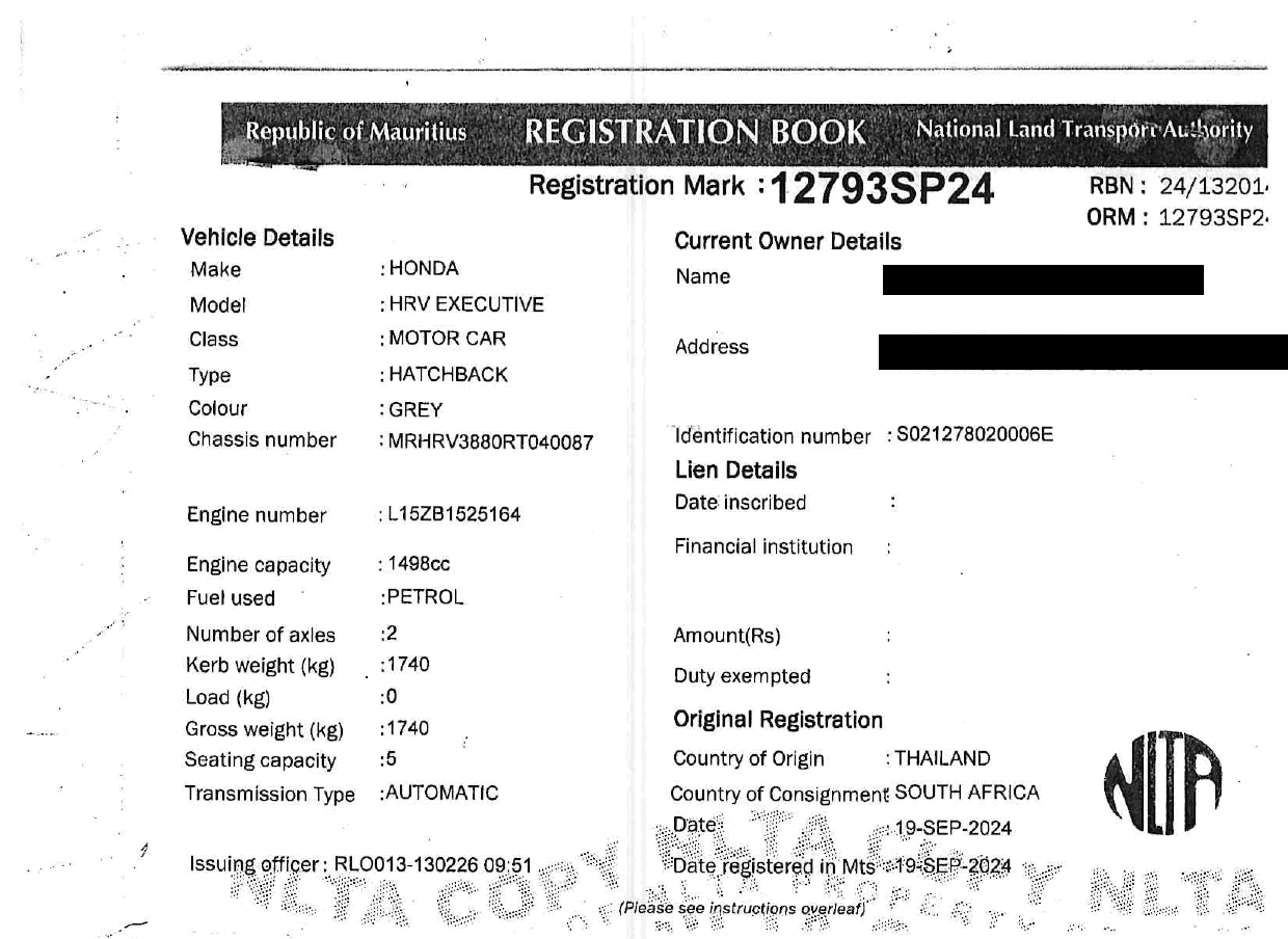 12793 SP 24 (EX JC 200) – Honda HRV Executive – Registration Fee: Rs 200