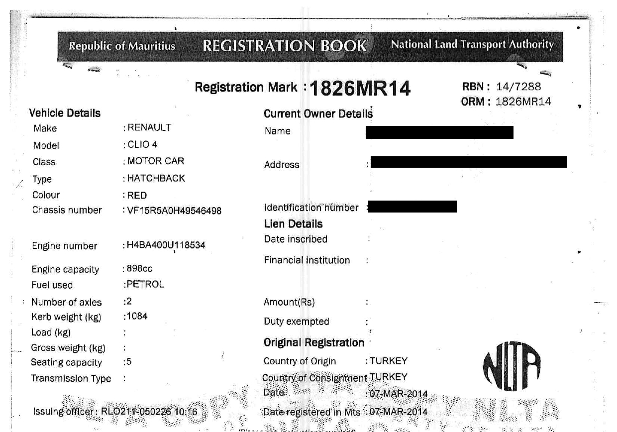 1826 MR 14 – Renault Clio 4 – Registration Fee: Rs 200