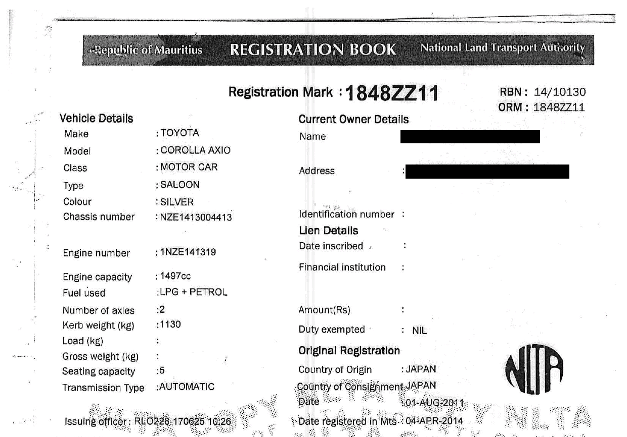 1848 ZZ 11 – Toyota Corolla Axio – Registration Fee: Rs 200