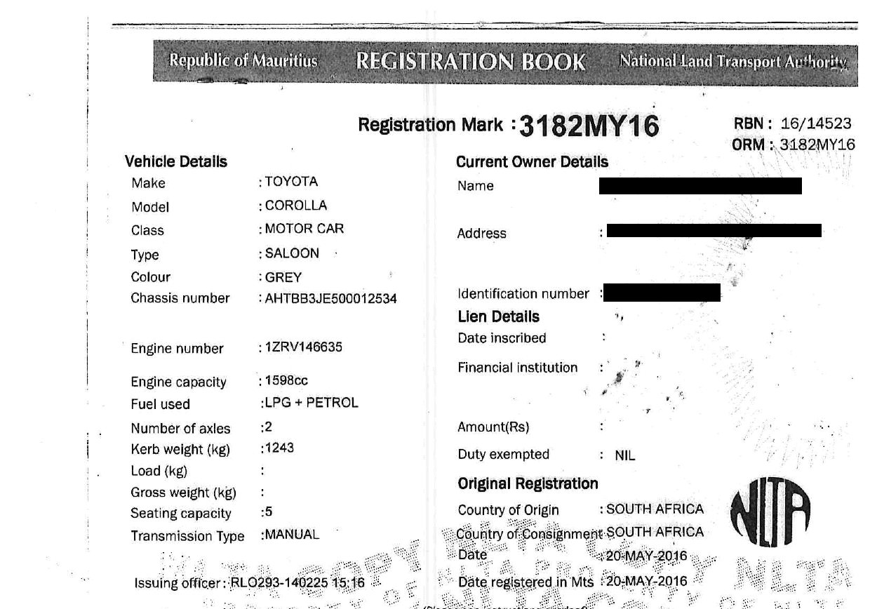 3182 MY 16 – Toyota Corolla – Registration Fee: Rs 200