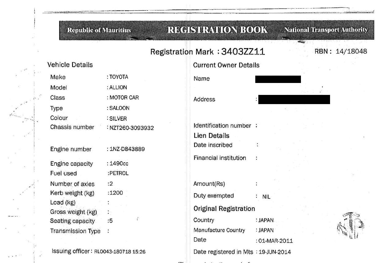 3403 ZZ 11 – Toyota Allion – Registration Fee: Rs 200