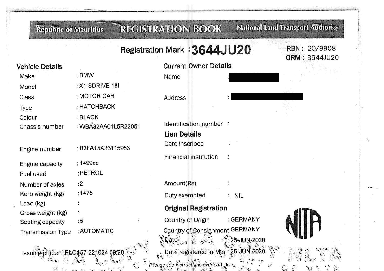3644 JU 20 – BMW X1 Sdrive 18I – Registration Fee: Rs 200
