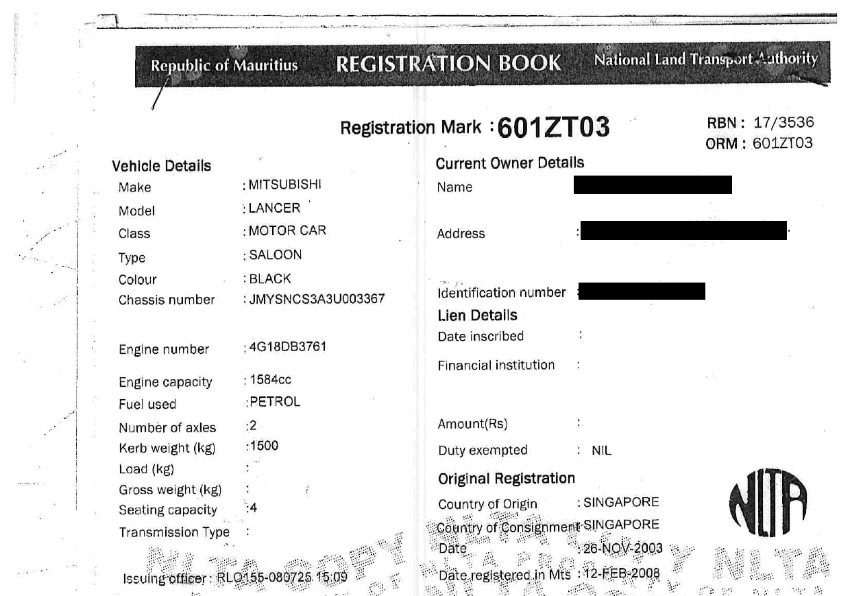 601 ZT 03 – Mitsubishi Lancer – Registration Fee: Rs 200