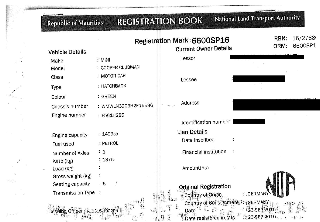 6600 SP 16 (EX LS 114) – Mini Cooper ClubMan – Registration Fee: Rs 200