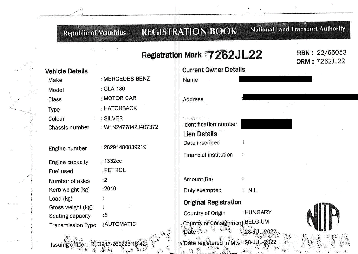 7262 JL 22 – Mercedes Benz GLA 180 – Registration Fee: Rs 200