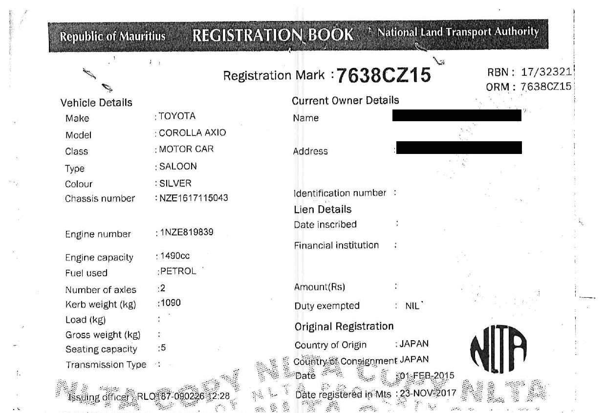 7638 CZ 15 – Toyota Corolla Axio – Registration Fee: Rs 200