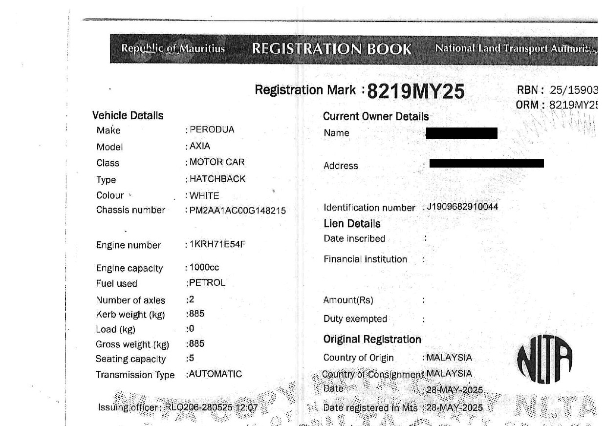 8219 MY 25 – Perodua Axia – Registration Fee: Rs 200