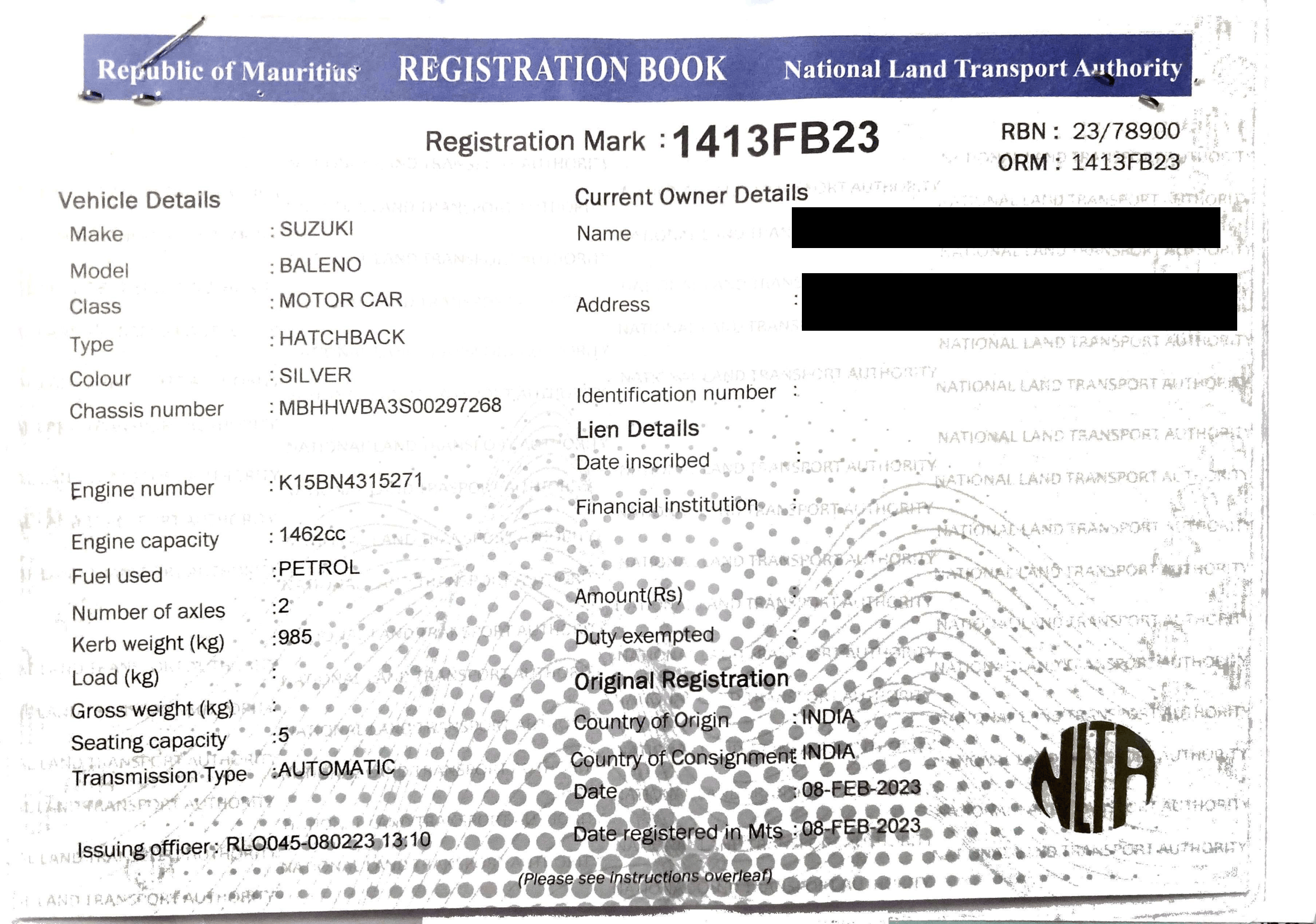 1413 FB 23 – Suzuki Baleno – Registration Fee: Rs 200