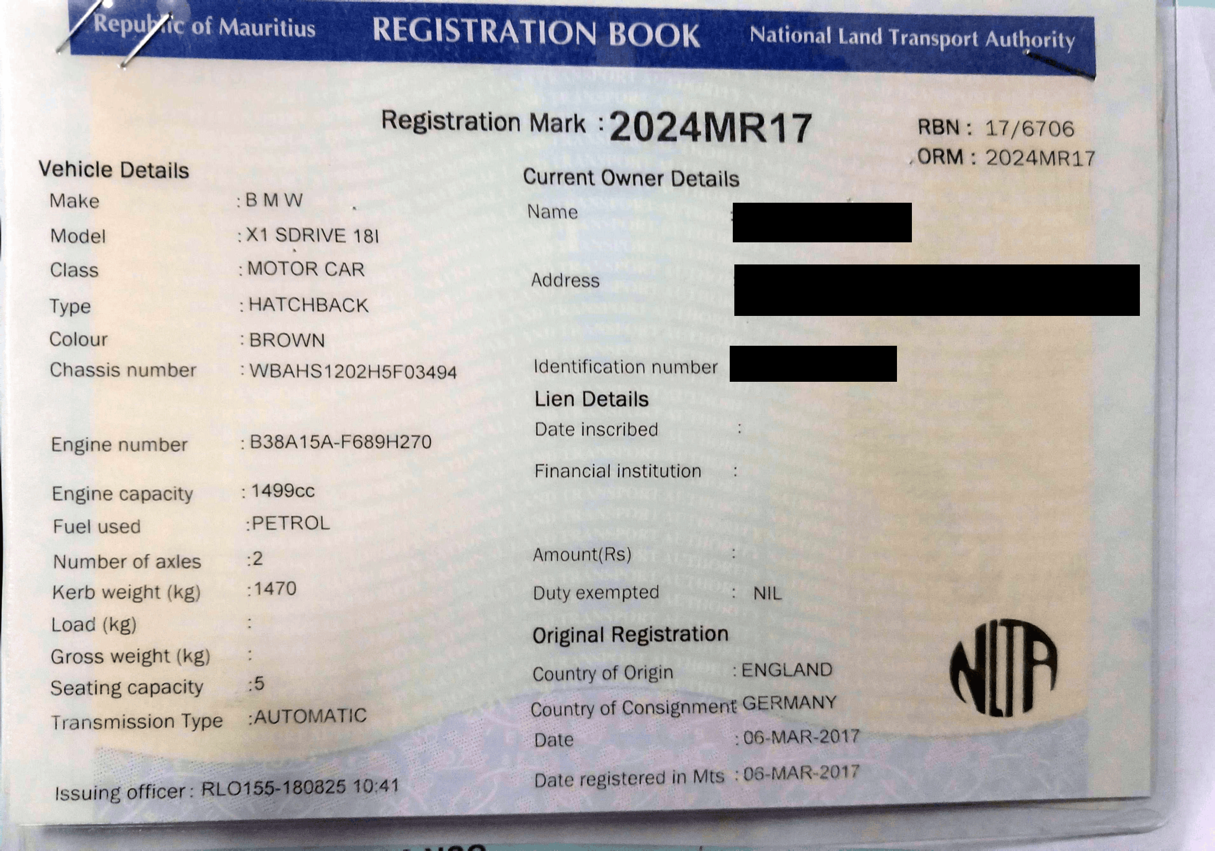 2024 MR 17 – BMW X 1 S Drive18i – Registration Fee: Rs 200