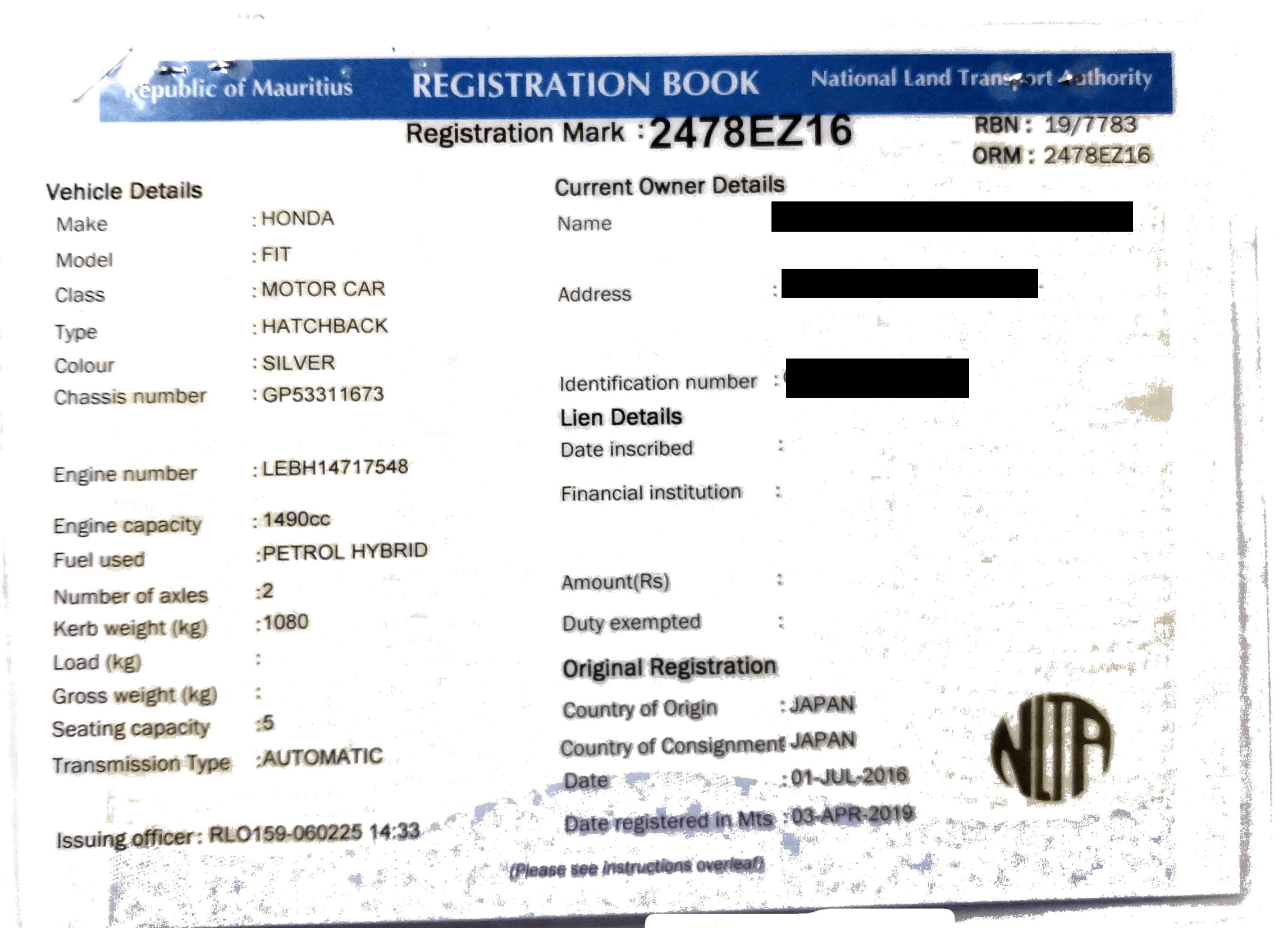 2478 EZ 16 – Honda Fit – Registration Fee: Rs 200