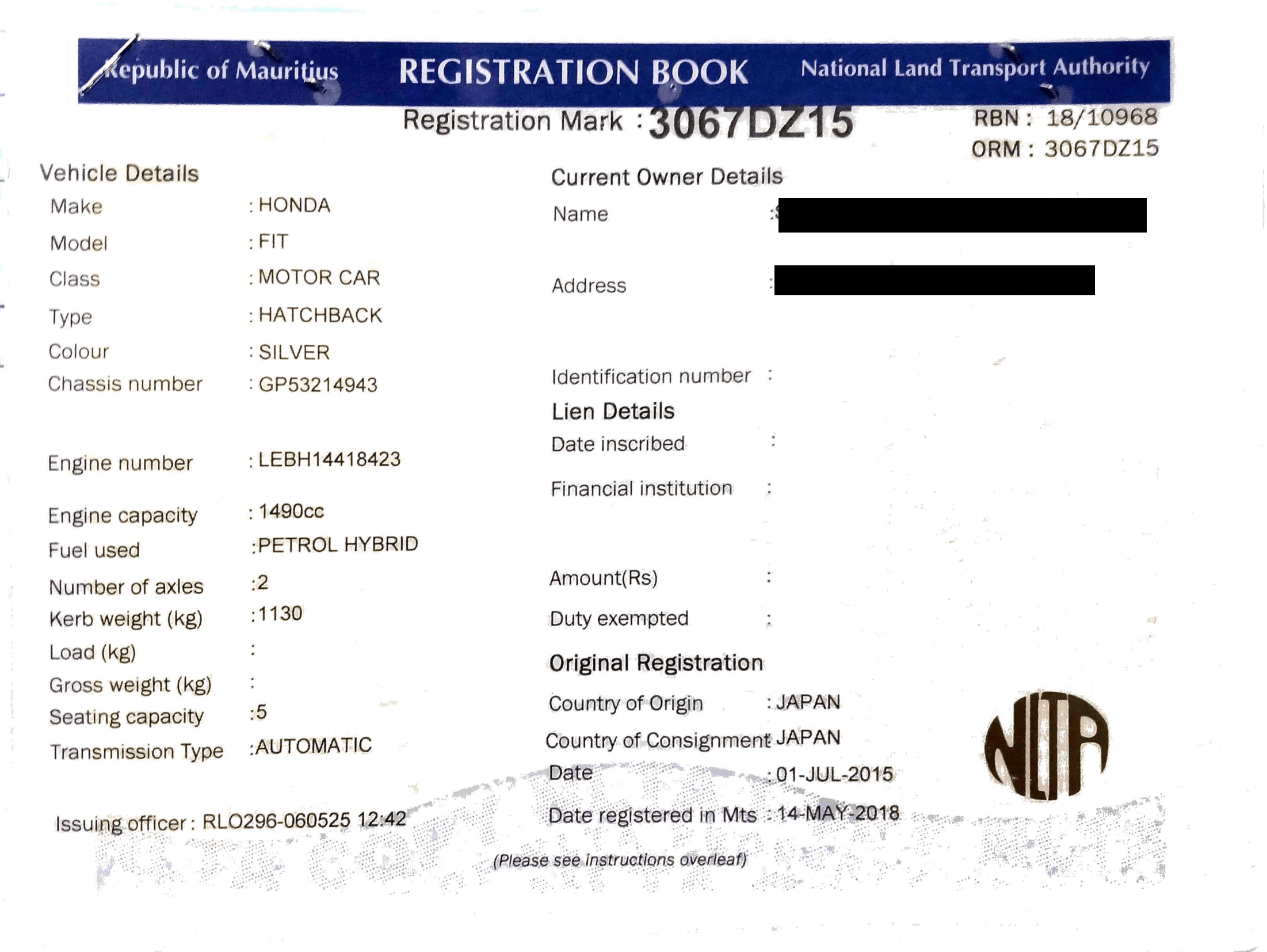 3067 DZ 15 – Honda Fit – Registration Fee: Rs 200