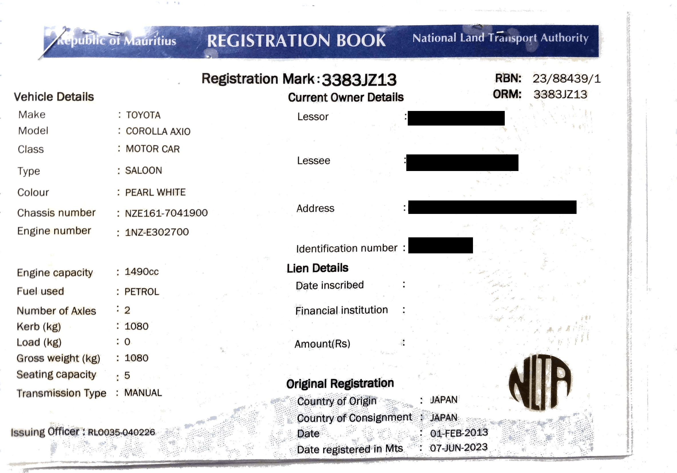 3383 JZ 13 – Toyota Corolla Axio – Registration Fee: Rs 200