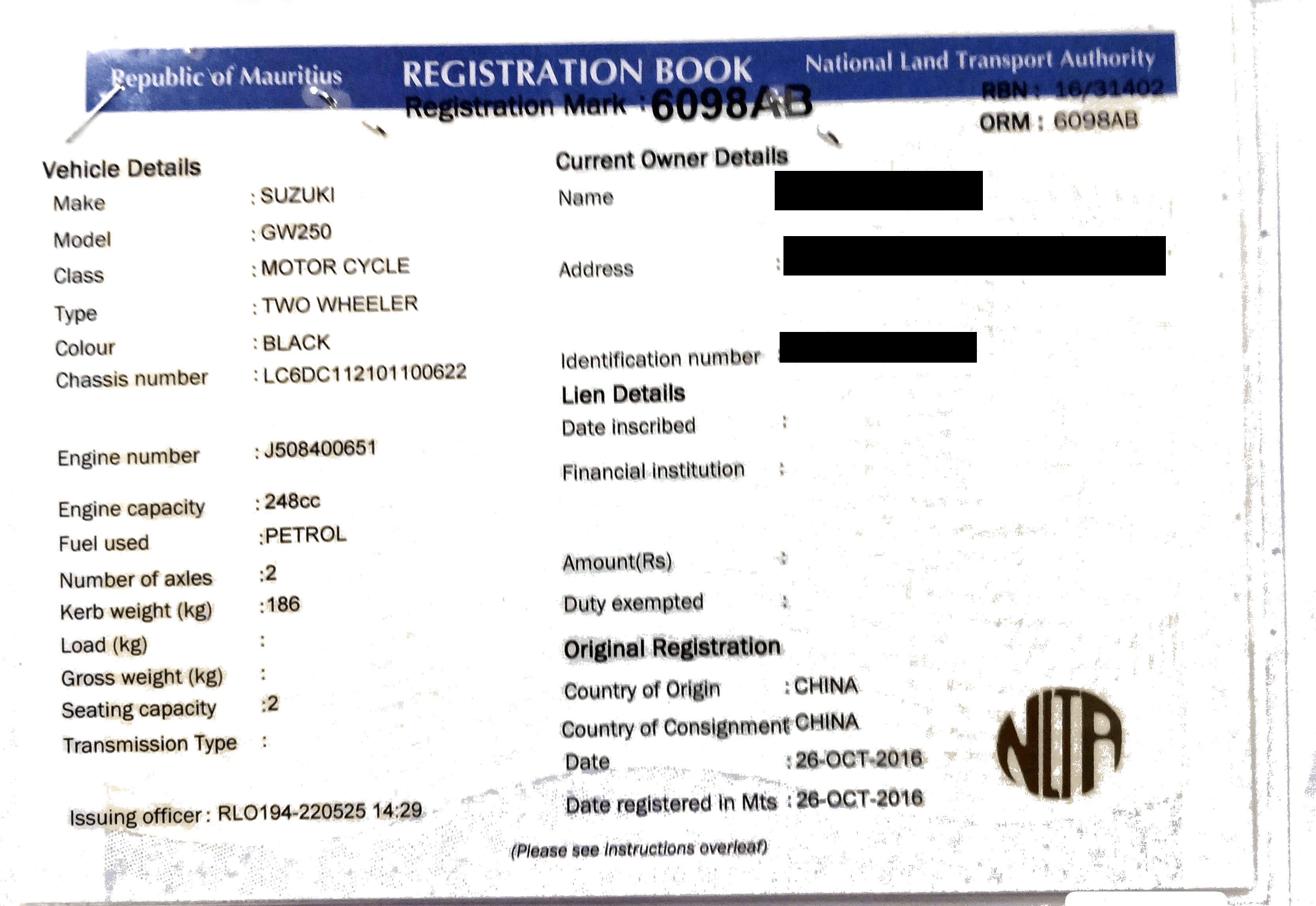 6098 AB – Suzuki GW250 – Registration Fee: Rs 200