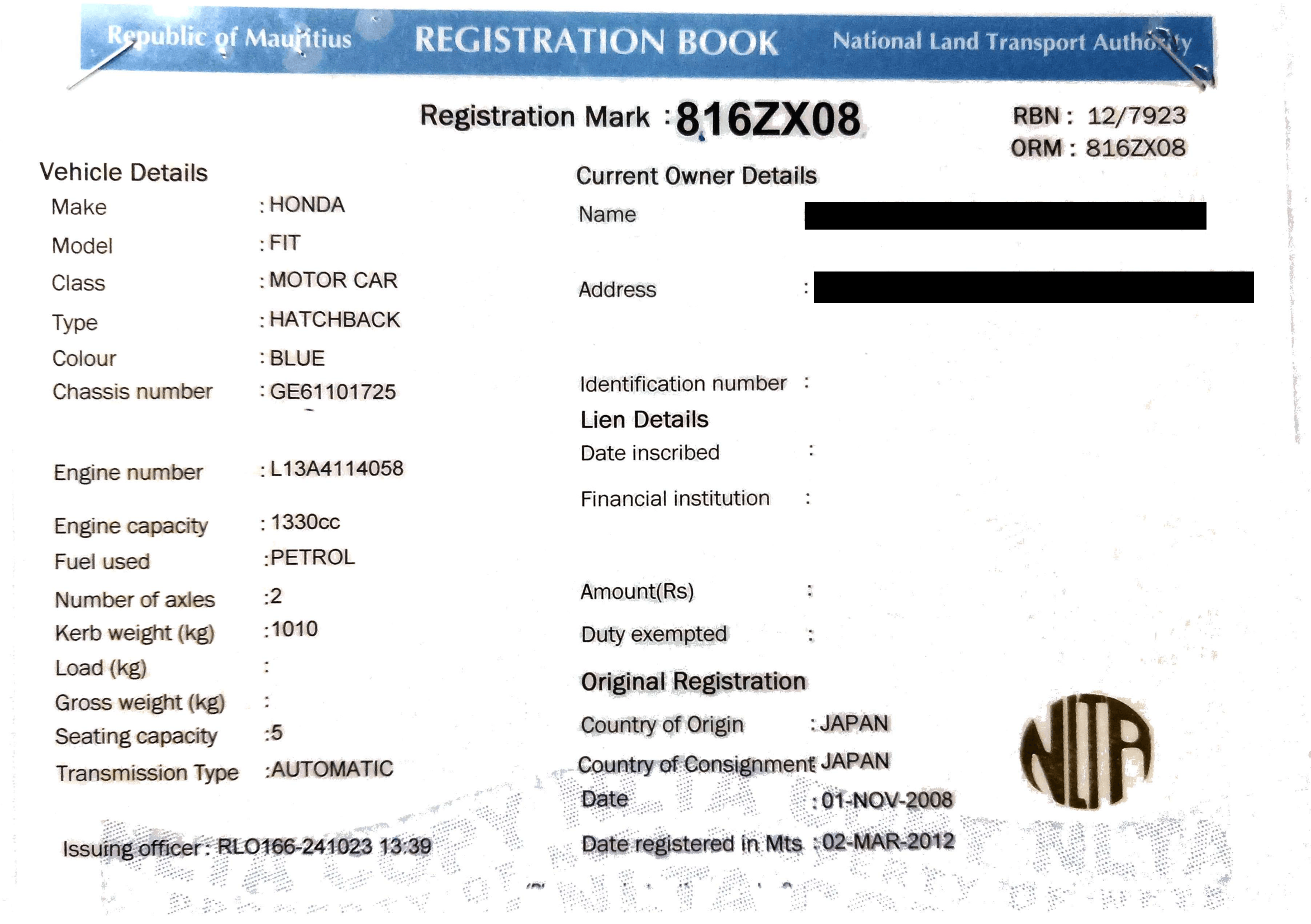 816 ZX 08 – Honda Fit – Registration Fee: Rs 200