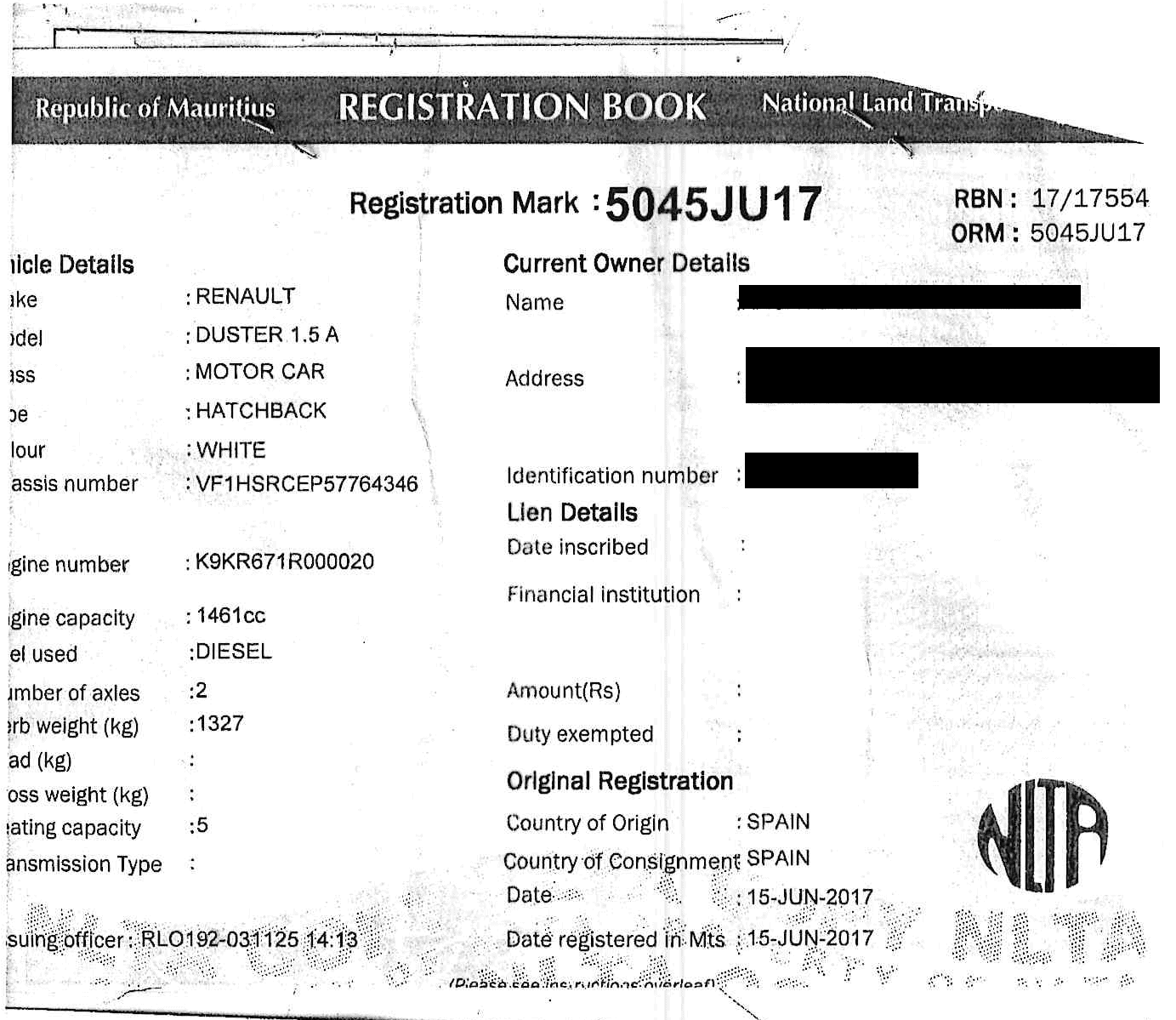 5045 JU 17 – Renault Duster 1.5 A – Registration Fee: Rs 200