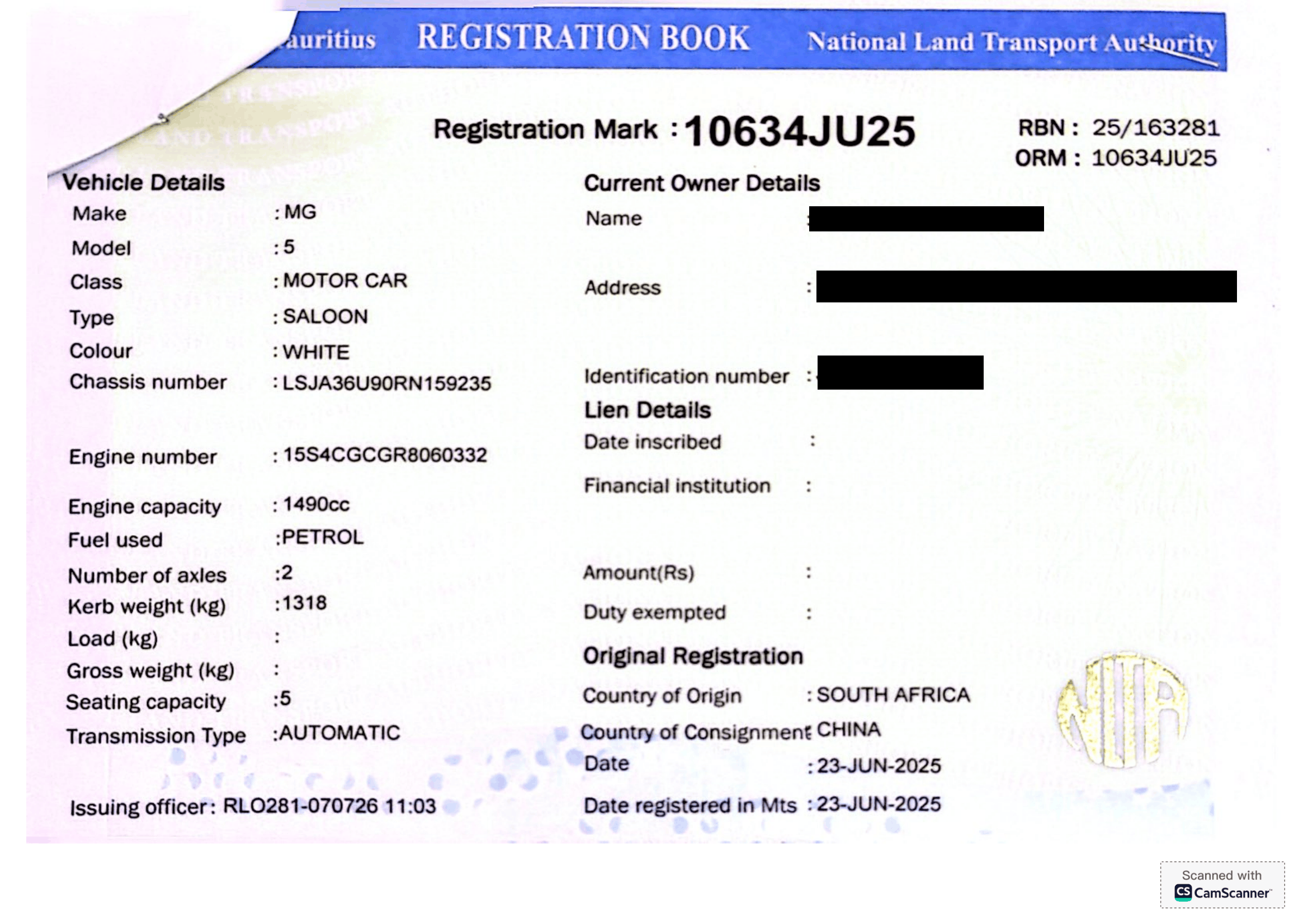 10634 JU 25 – MG 5 – Registrtaion Fee: Rs 200