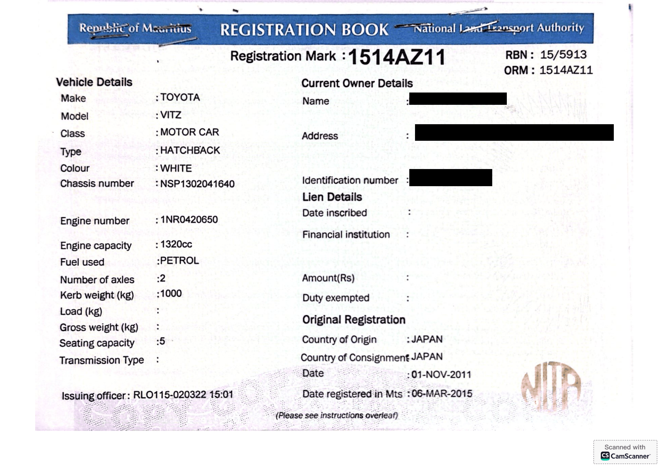 1514 AZ 11 – Toyota Vitz – Registration Fee: Rs 200