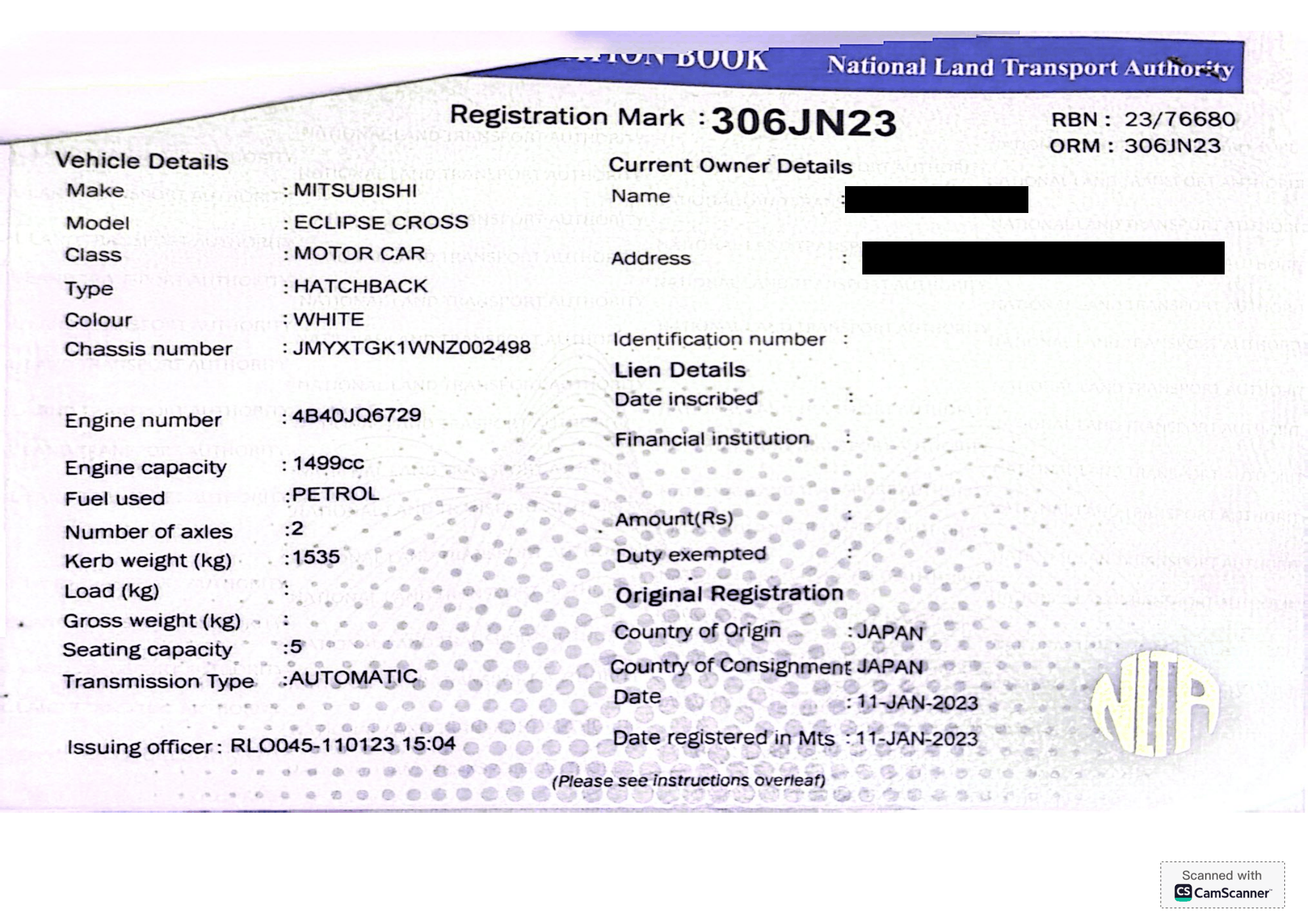 306 JN 23 – Mitsubishi Eclipse Cross – Registration Fee: Rs 200