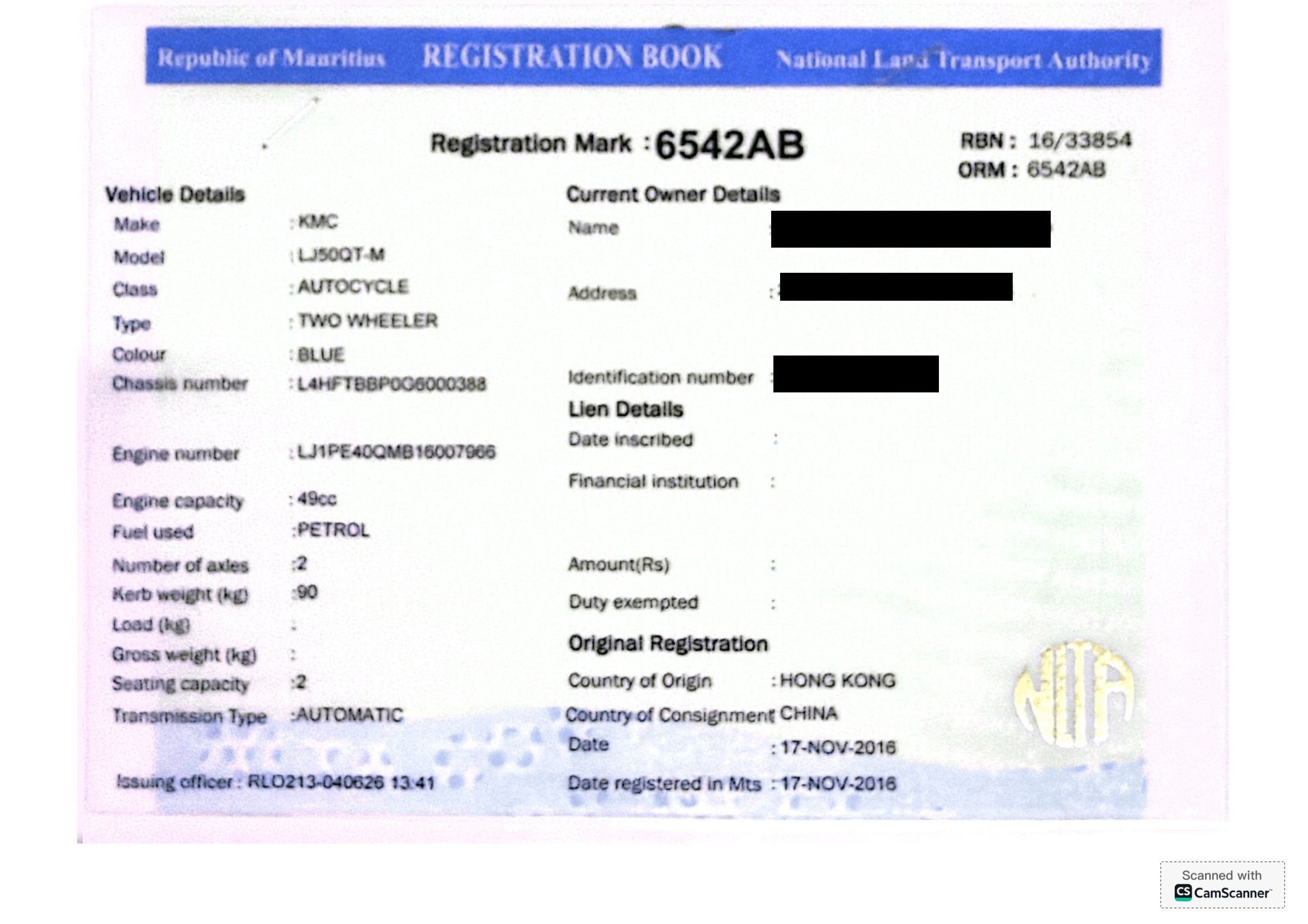 6542 AB – KMC LJ50QT M – Registration Fee: Rs 200