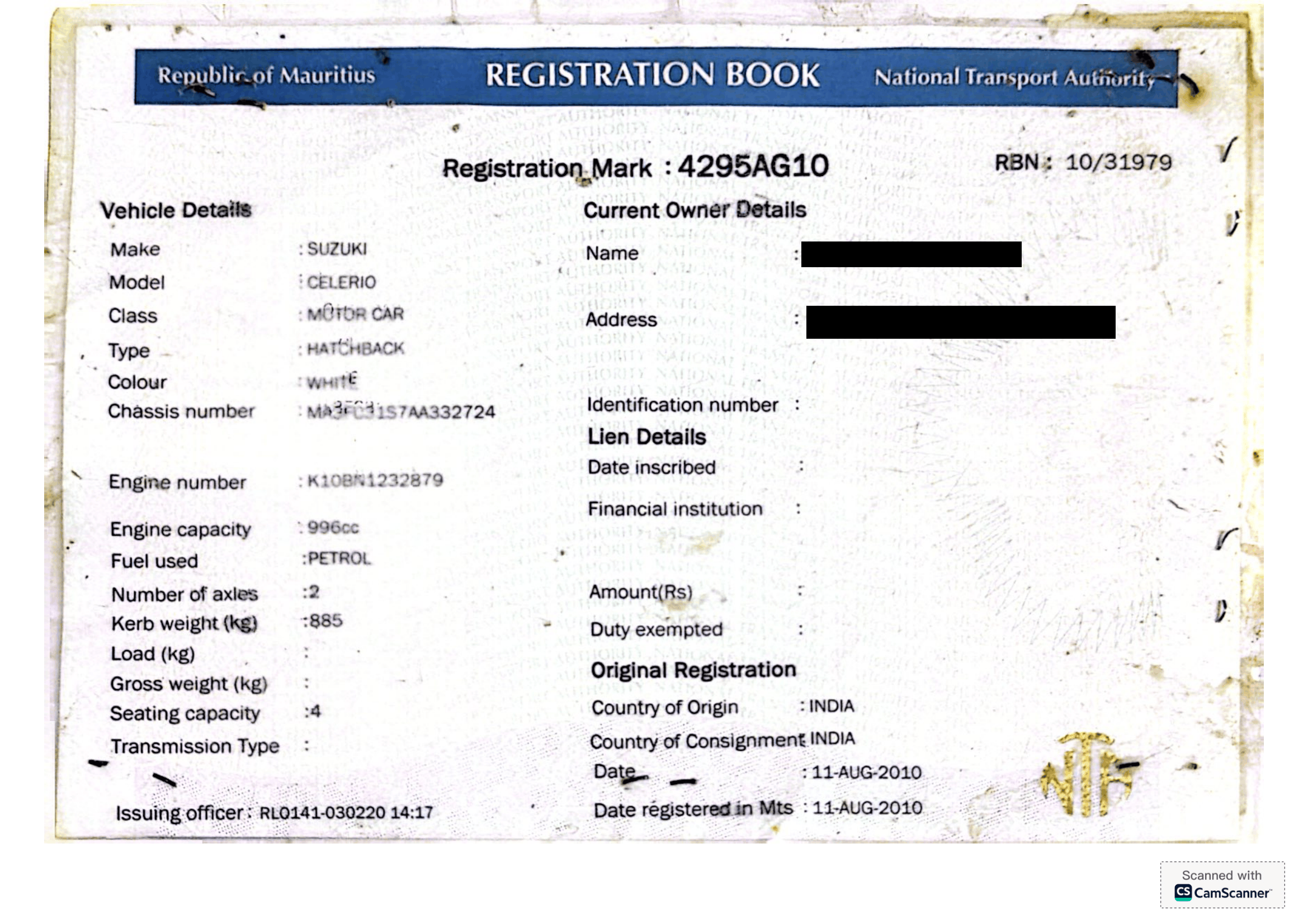 4295 AG 10 – Suzuki Celerio- Registration Fee: Rs 200