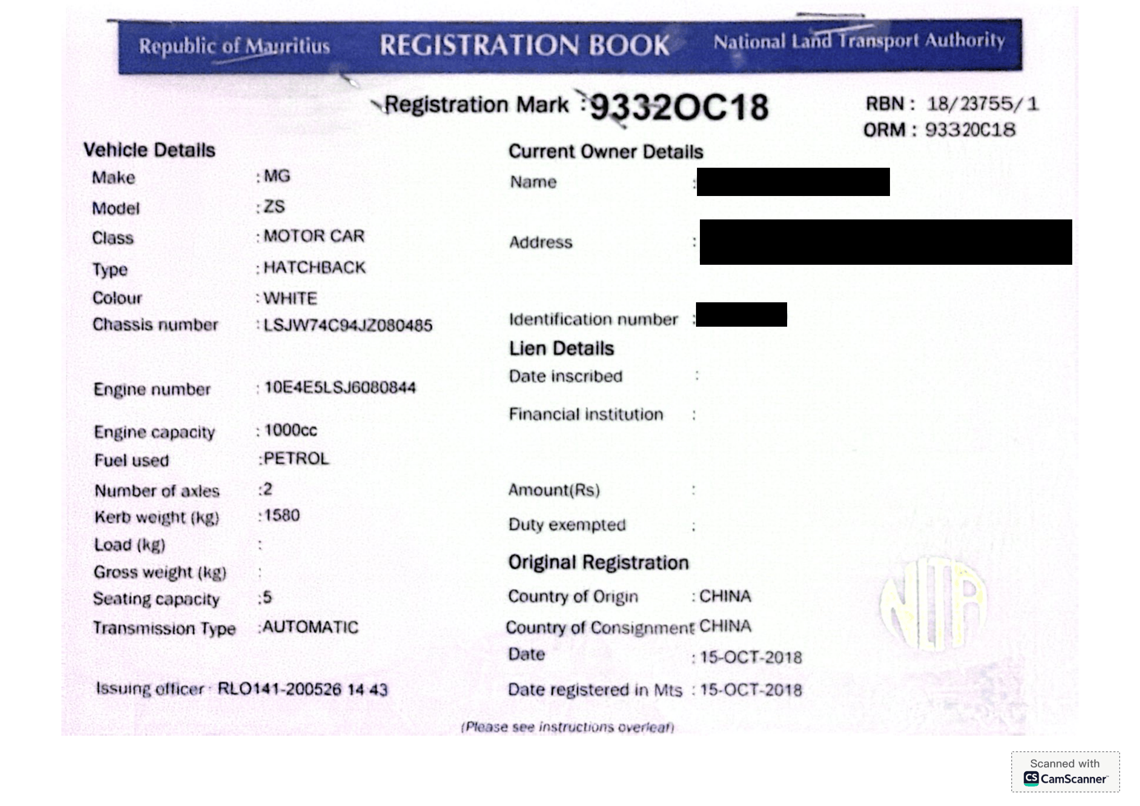 9332 OC 18 – MG ZS – Registration Fee: Rs 200