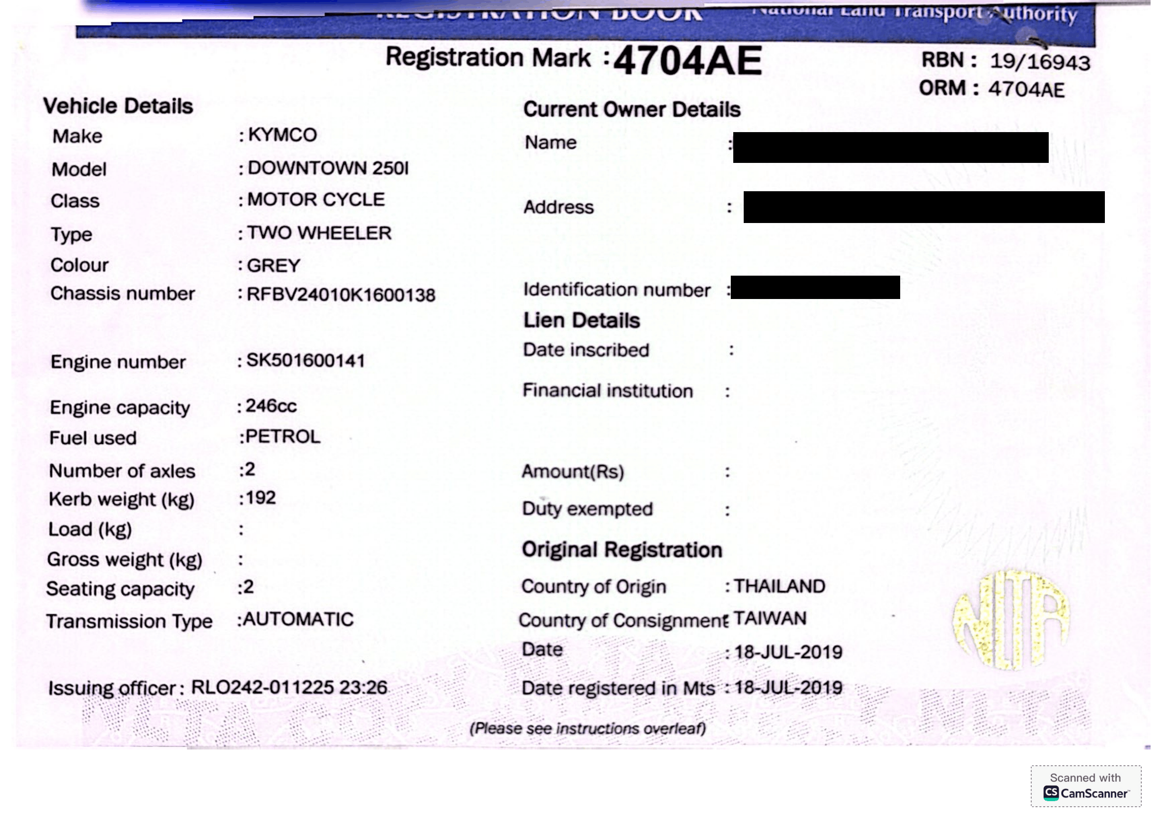 4704 AE – Kymco Downtown 250I – Registration Fee: Rs 200
