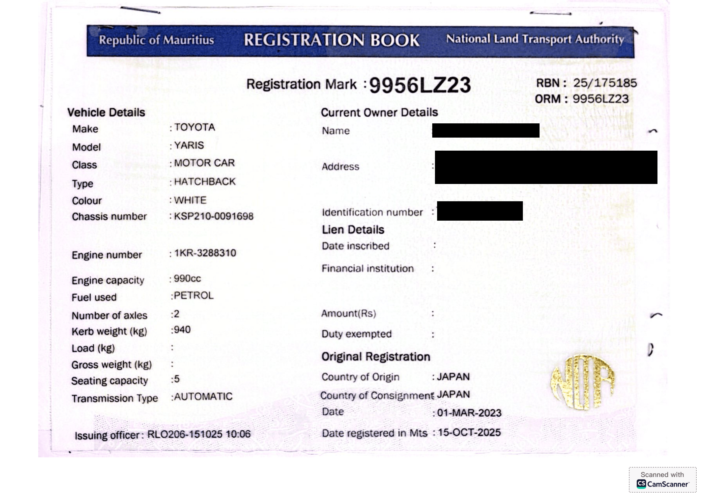 9956 LZ  23 – Toyota Yaris – Registration Fee: Rs 200