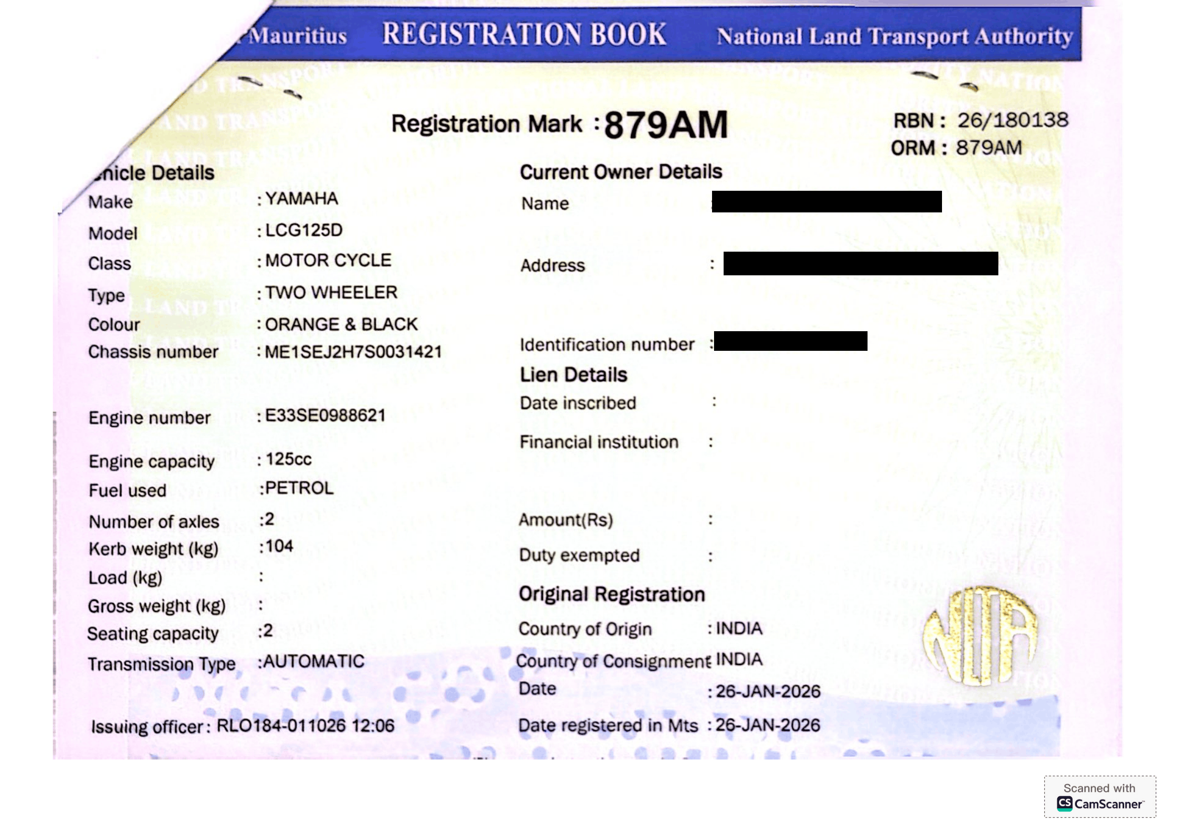 879 AM – Yamaha LCG 125D – Registration Fee: Rs 200