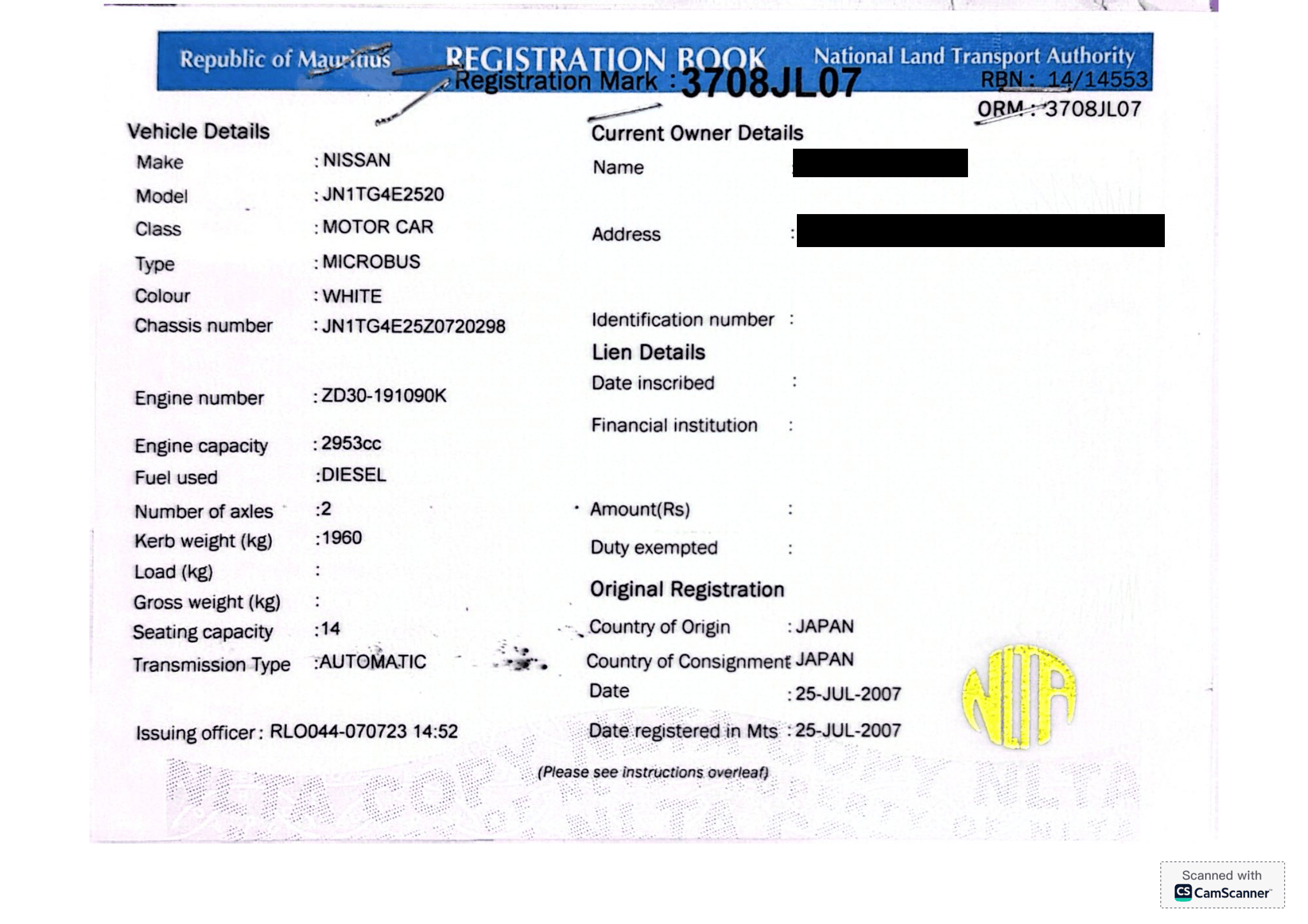 3708 JL 07 – Nissan JN1TG4E2520 – Registration Fee: Rs 200
