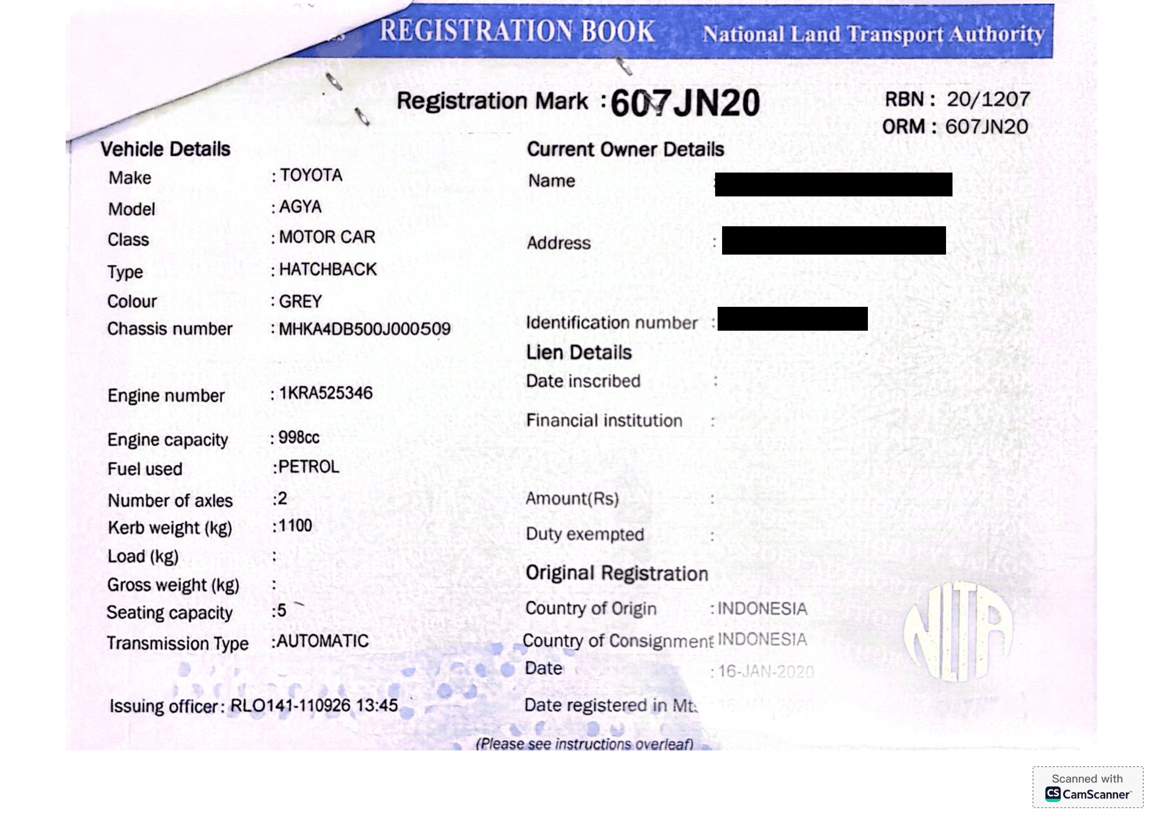607 JN 20 – Toyota AGYA – Registration Fee: Rs 200