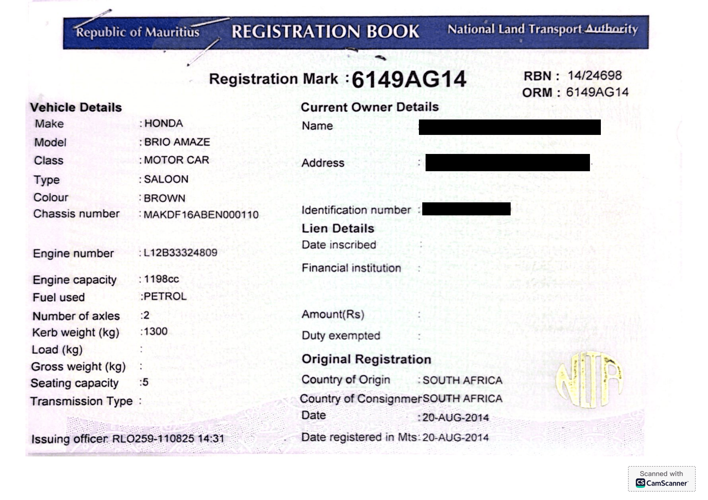 6149 AG 14 – Honda Brio Amaze – Registration Fee: Rs 200