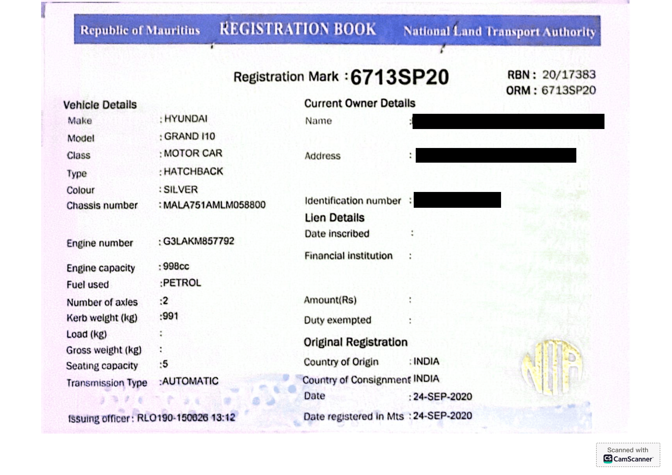 6713 SP 20 – Hyundai Grand I10 – Registration Fee: Rs 200