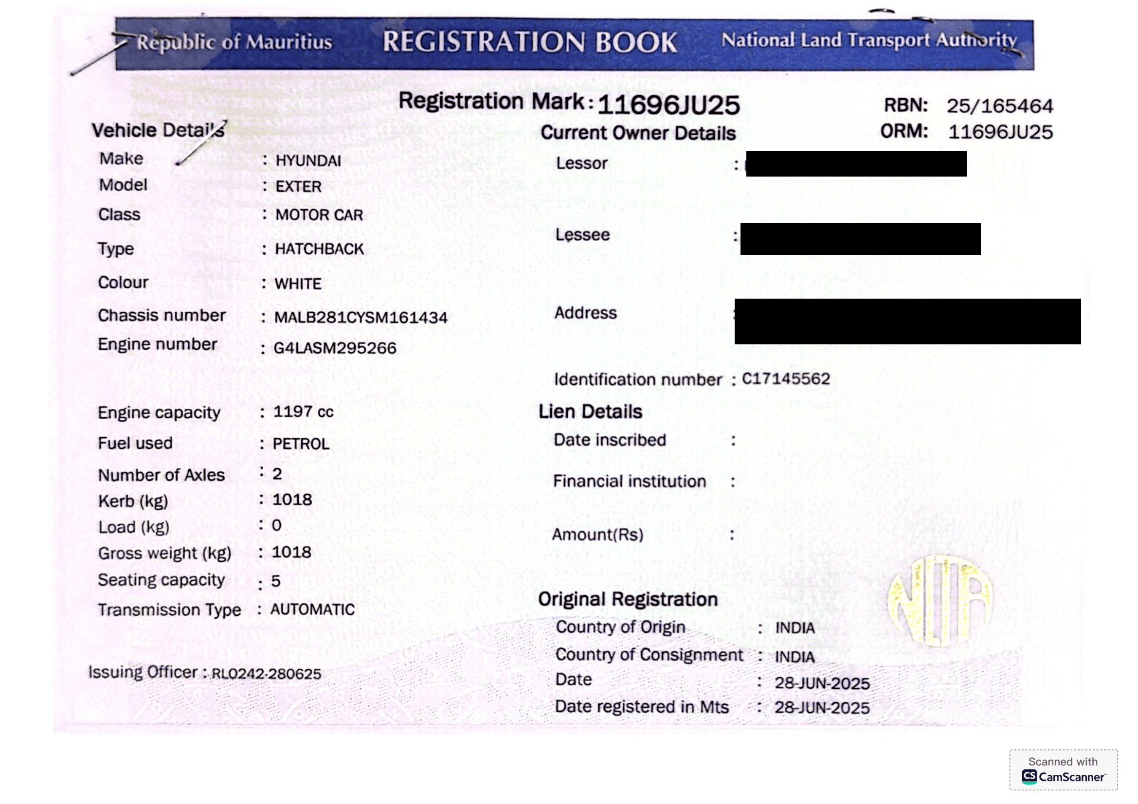 11696 JU 25 – Hyundai Exter – Registration Fee: Rs 200