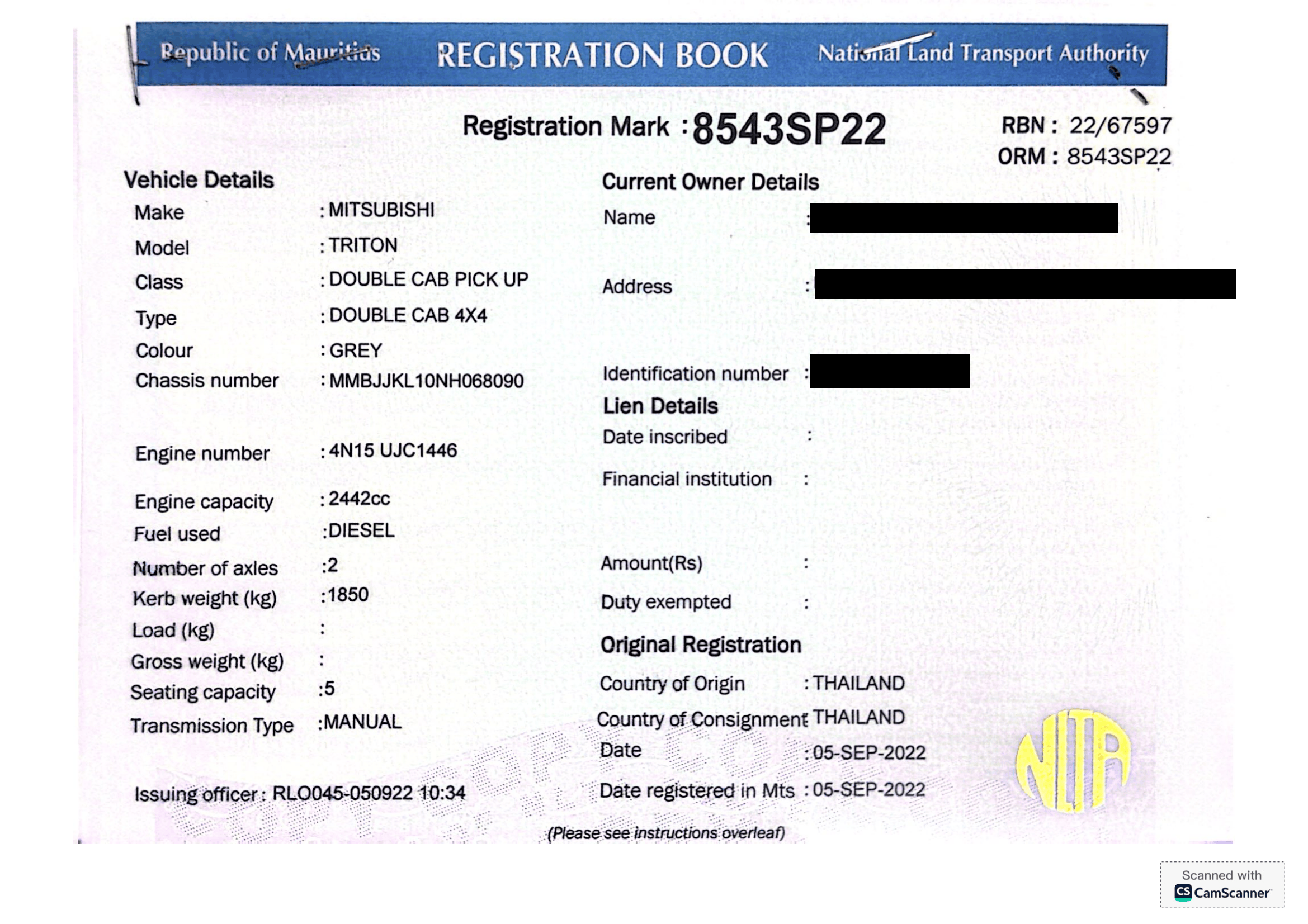 8543 SP 22 – Mitsubishi Triton D/CAB Pick Up – Registration Fee: Rs 200